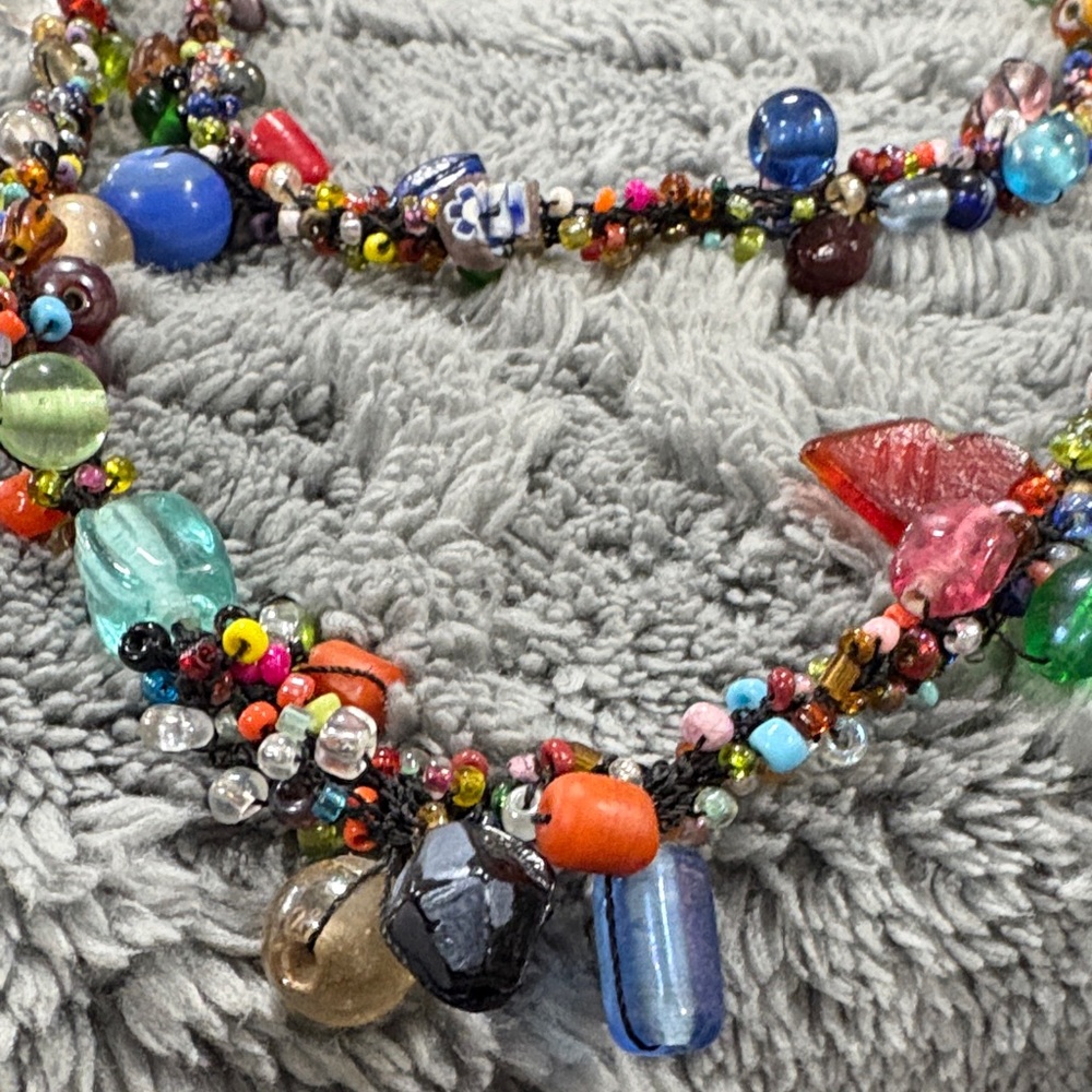 Vintage multi-strand colourful Glass Beads hand knitted string Necklace
